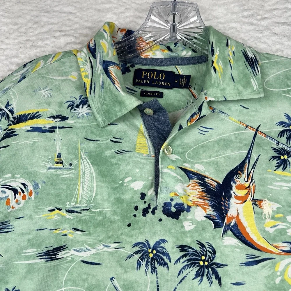 Polo Ralph Lauren Green Deep Sea Fishing Marlin Short Sleeve Polo Shirt Men's M